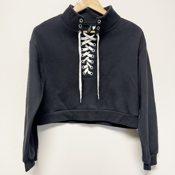 DIVIDED Black Cropped Lace Up Mock Neck Pullover Sweater Shoelace size S - Picture 1 of 9